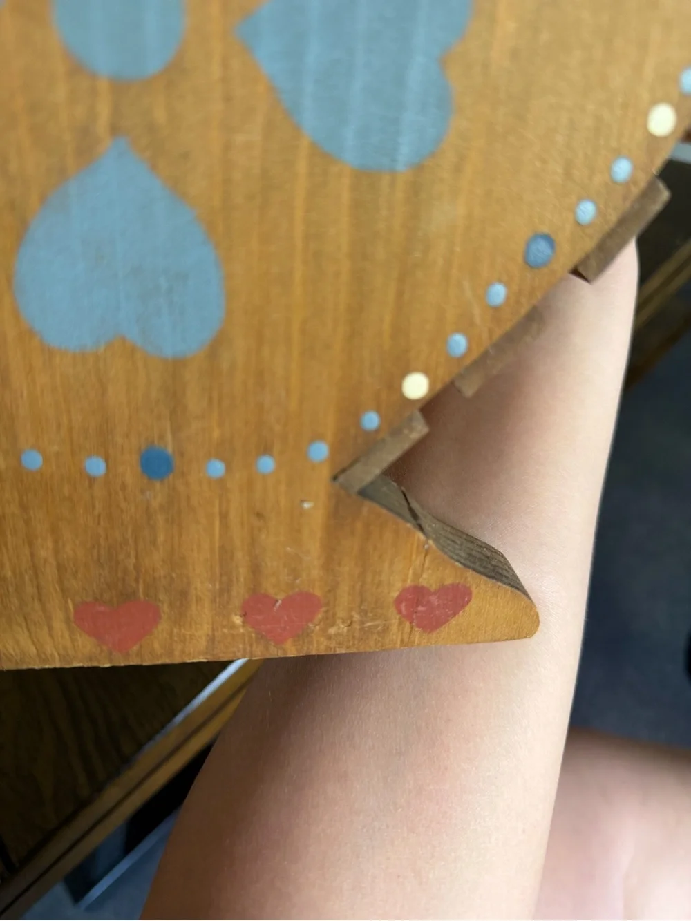 Vintage Wooden Heart Slat Basket Caddy Handle Blue Folk Art Stencil‎ Cottagecore